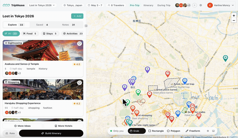 Animated gif of the TripWeave app