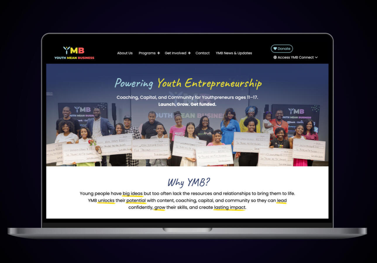 A laptop displaying the Youth Mean Business website landing page