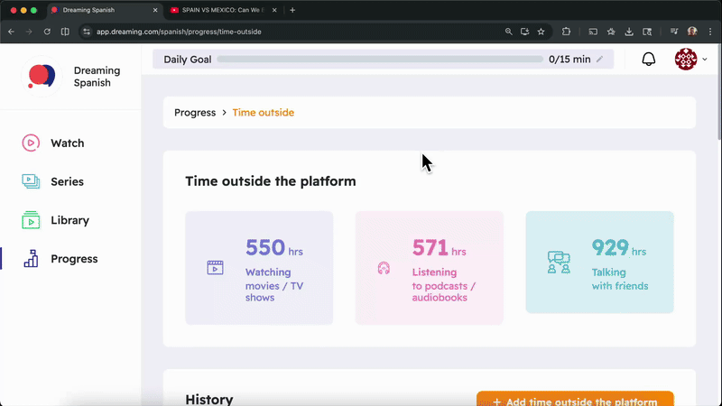 Animated gif of the Content Logger for Dreaming Spanish Chrome Extension